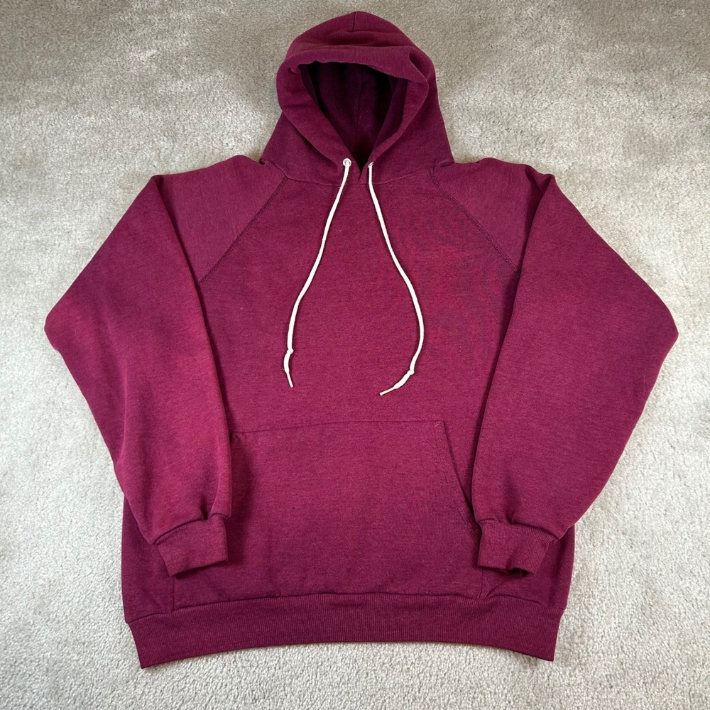 Vintage‎ 80s Hanes Hoodie Mens Large Maroon Raglan Sweatshirt Burgundy Blank USA